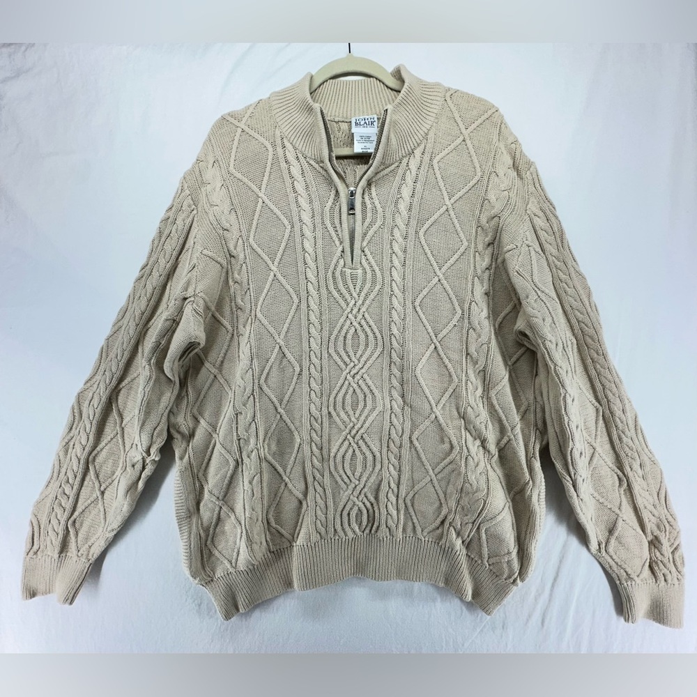 John Blair Mens‎ Cable Knit 1/4 Zip Sweater Cream Beige Cozy Classic Preppy XL